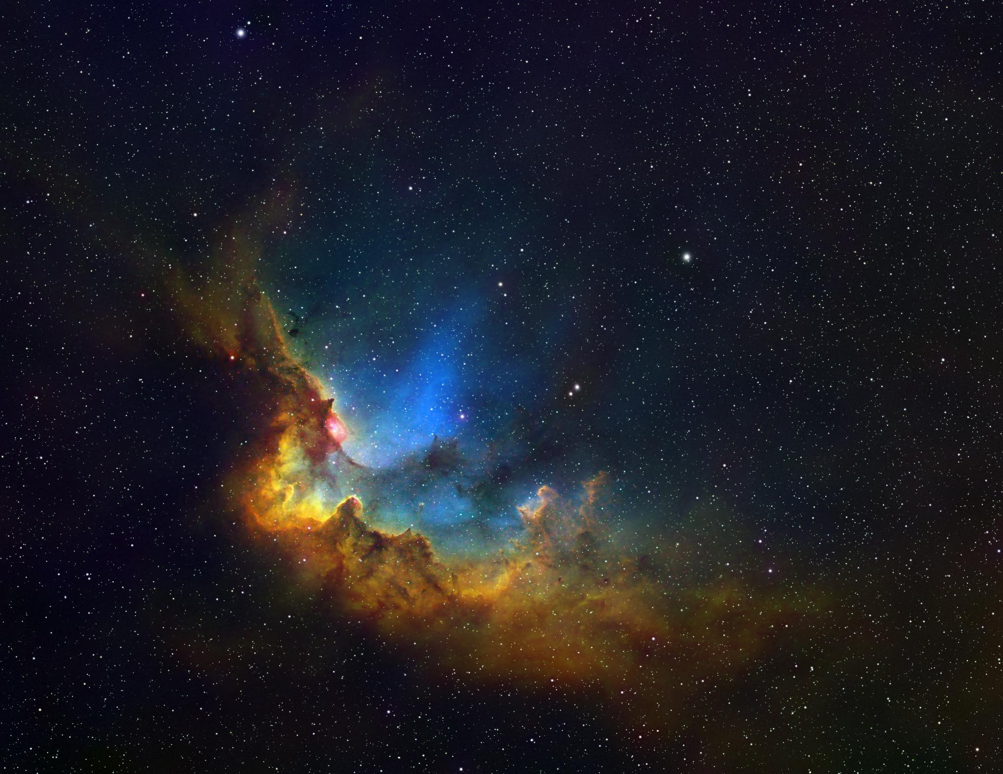 Hubble Palette image of the Wizard Nebula. This is 16 hours of data and the Sulfur II data (red) was still super noisy, and the Oxygen III (blue) wasn’t a lot better. I did a lot of manual blurring of noise to at least get to this point, but at the cost of a lot of detail. Probably another 8-16 hours of SII/OIII is needed to make this image look good 😩