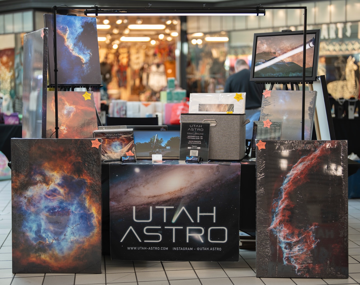All set up at the Newgate Mall in Ogden. I’ll be here today until 8pm and tomorrow from 12-6pm. I have fresh batches of magnets and matted prints, and stop by for a free sticker! Also, if you want a custom metal or canvas print, shipped right to your door, they’re 30% off this weekend! Images and price list at www.utah-astro.com