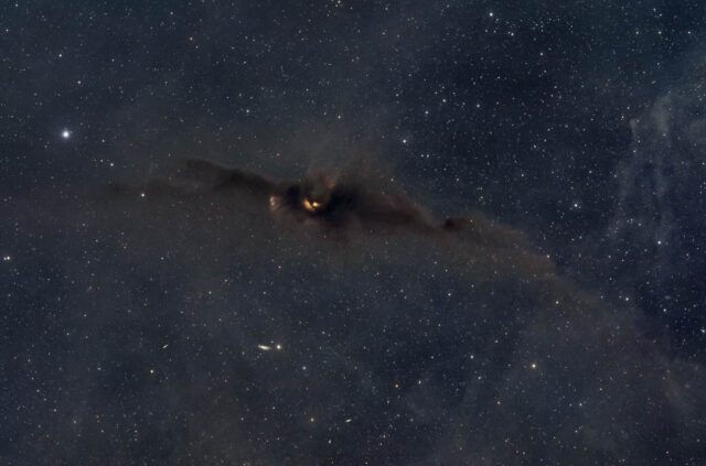 I’ve been wanting to image this dark nebula for a while now. This is LDN 43, the Cosmic Bat Nebula, and it does kind of look like a giant demonic bat in the sky. It’s a dense molecular cloud about 12 light years wide and 120 light years away. I shot this up at Monte Cristo Campground over two nights this past weekend. It’s amazing how modern cameras can see a dark cloud against dark sky like this. It’s low on the horizon too so I only got about two hours of good data each night. I might add to it next month but we’ll see. May would have been a better month to shoot it. I also have a pretty awesome image of the Pelican nebula in the works, but it needs a lot more data. It’s annoying that the summer nights are so short when there’s so much cool stuff in the sky.
Target: LDN 43 “The Cosmic Bat Nebula”
Constellation: Ophiuchus
Location: Monte Cristo Campground, Utah, Bortle 3
Camera: ZWO ASI2600MC Air
Mount: ZWO AM3
Scope: Askar 120APO w/ Flattener
Filter: Apertura Luminance Filter
Lights: 49 x 300 sec Gain: 100, Cooling: -15°C
60x Flats, Flat-Darks, Darks
Total Integration Time: 4 hrs 5 min
Stacked in Pixinsight with BlurXTerminator, StarXTerminator, and NoiseXTerminator
Finished in Photoshop